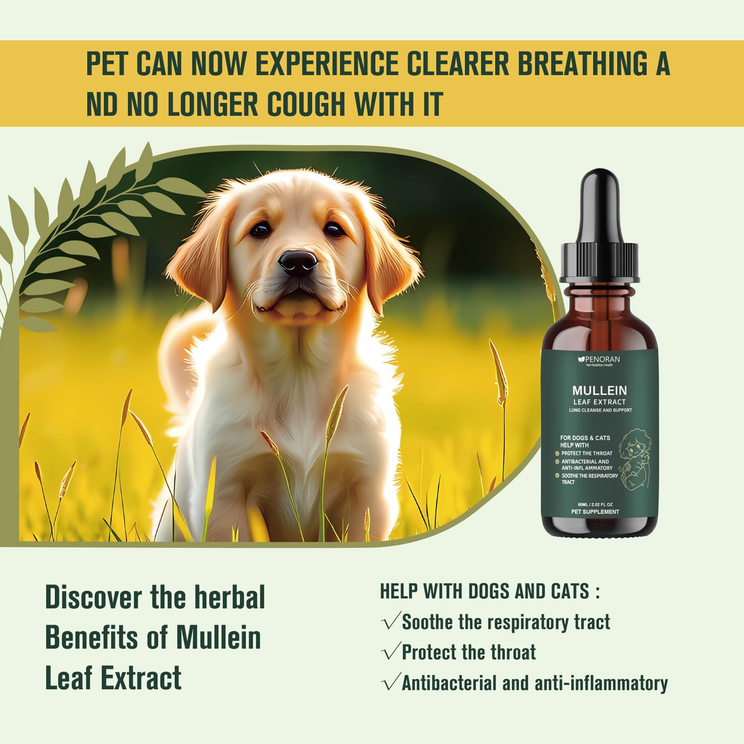 Penoran Pet Mullein Drops close-up highlighting natural extract.