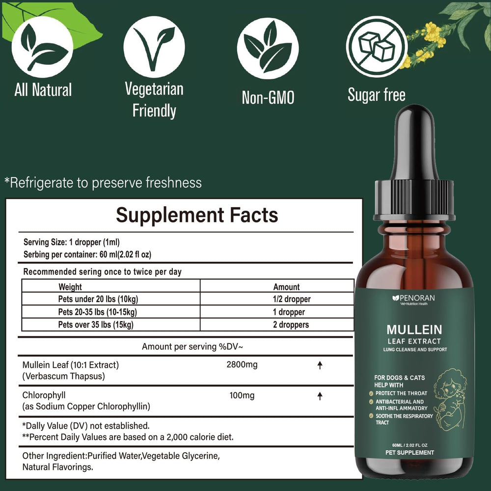 Penoran Pet Mullein Drops soothing throat discomfort during breathing.