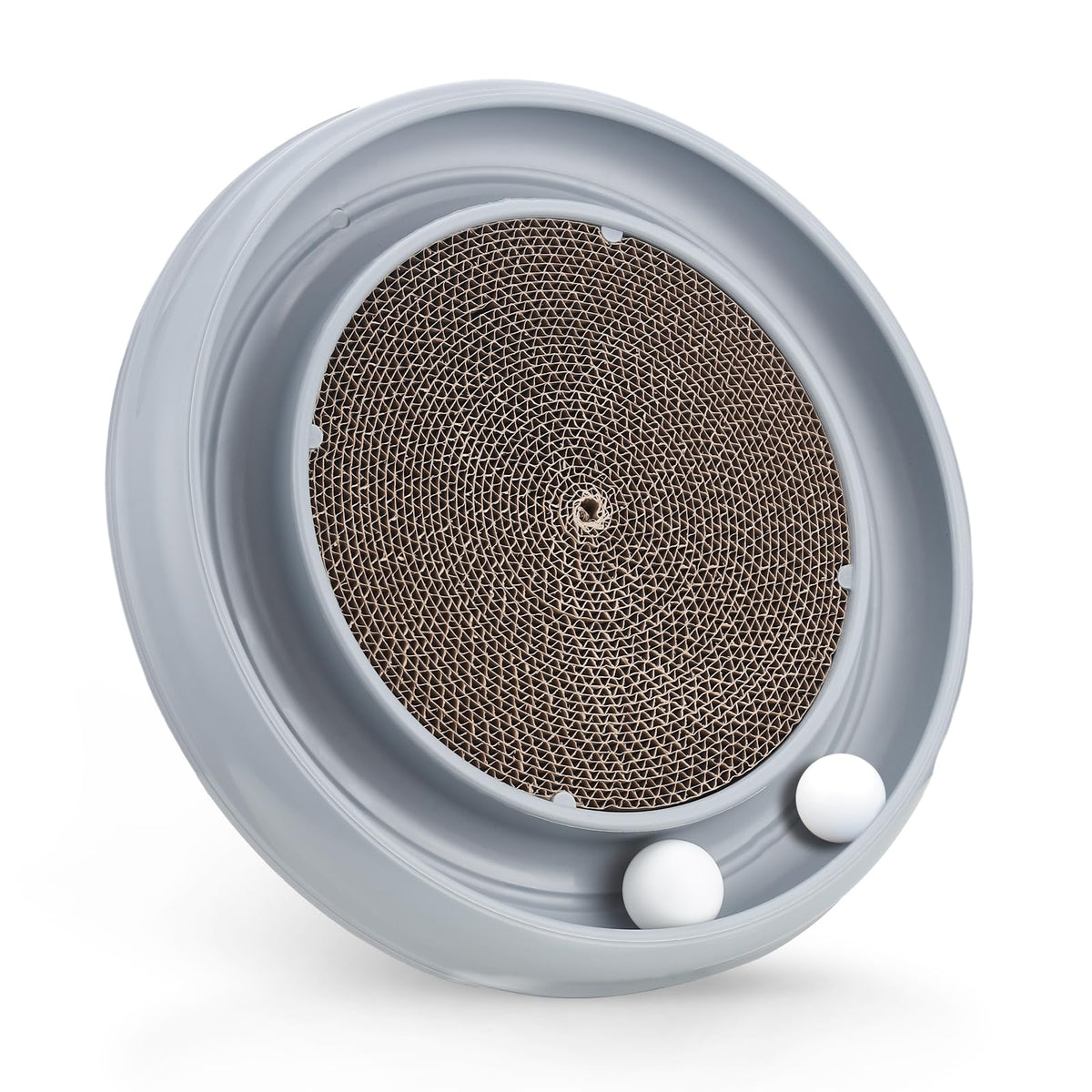 Peomliee cat scratching board with ball track grey for active playtime.