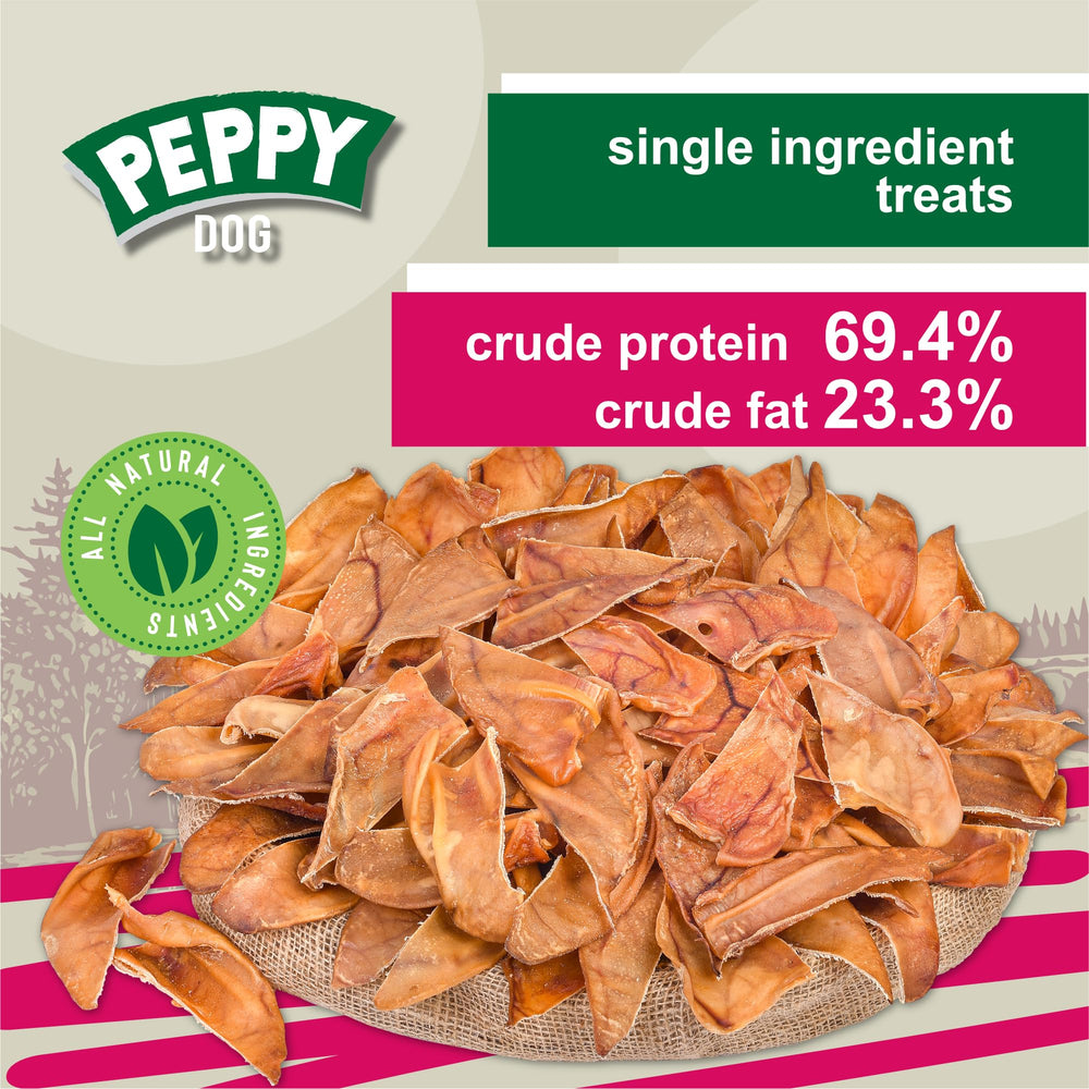 PEPPY DOG Healthy Half Pig Ears dog chewing image emphasizes long-lasting entertainment