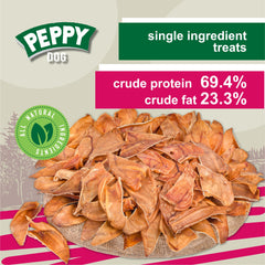 PEPPY DOG Healthy Half Pig Ears dog chewing image emphasizes long-lasting entertainment