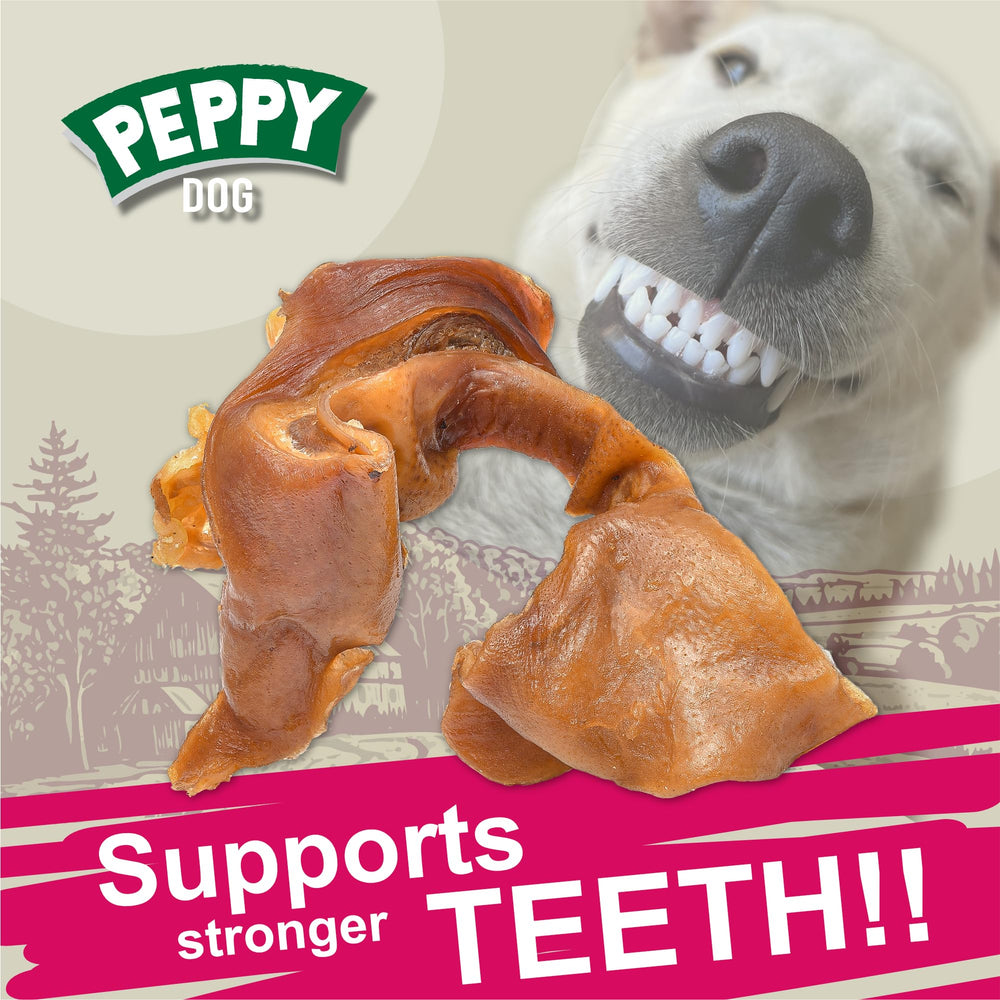 Peppy Dog no-preservatives pig ears highlight natural snack free from artificial additives.
