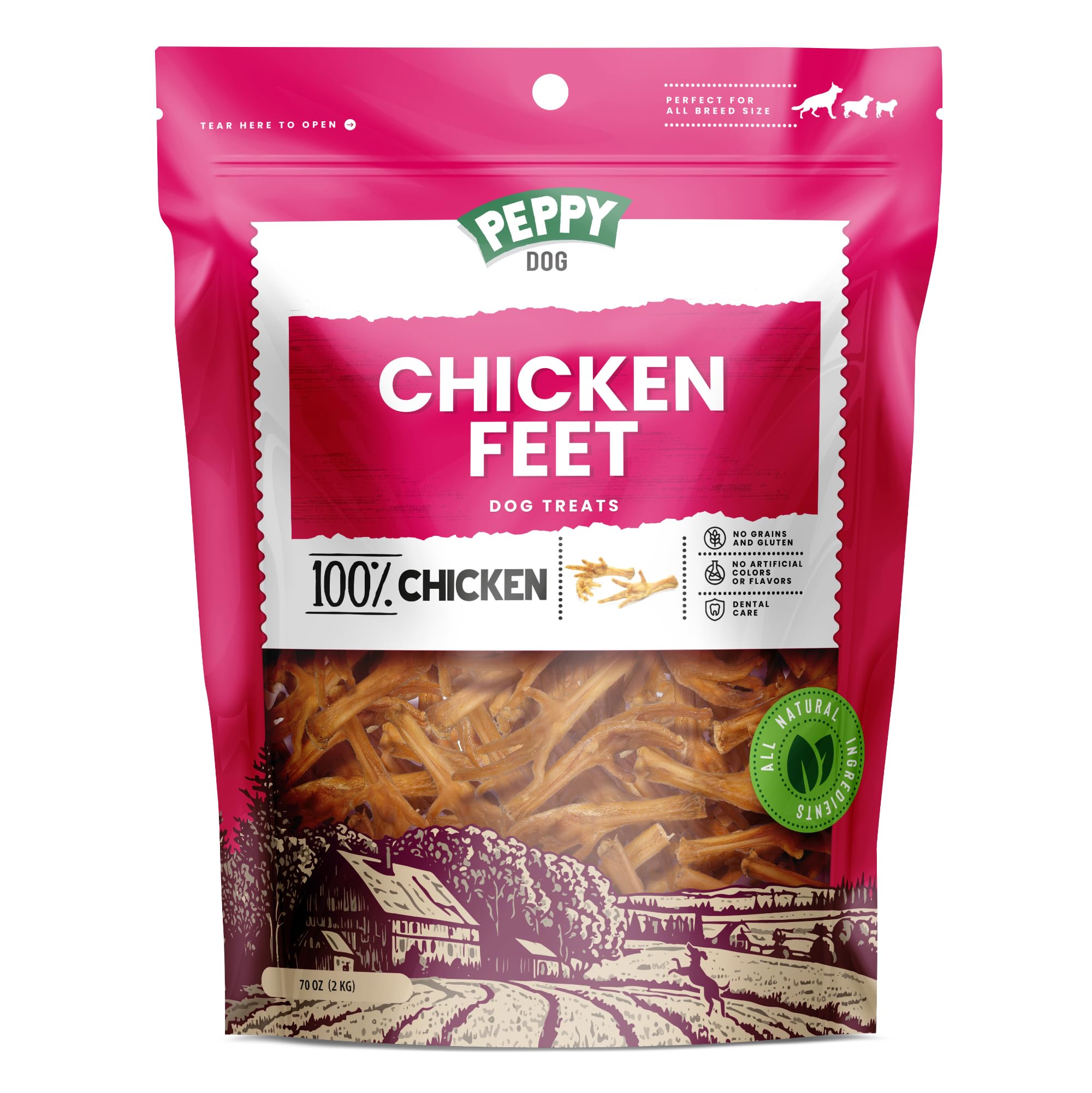 PEPPY DOG all-natural chicken feet, dehydrated for freshness, delivering a long-lasting chew and dental benefits.