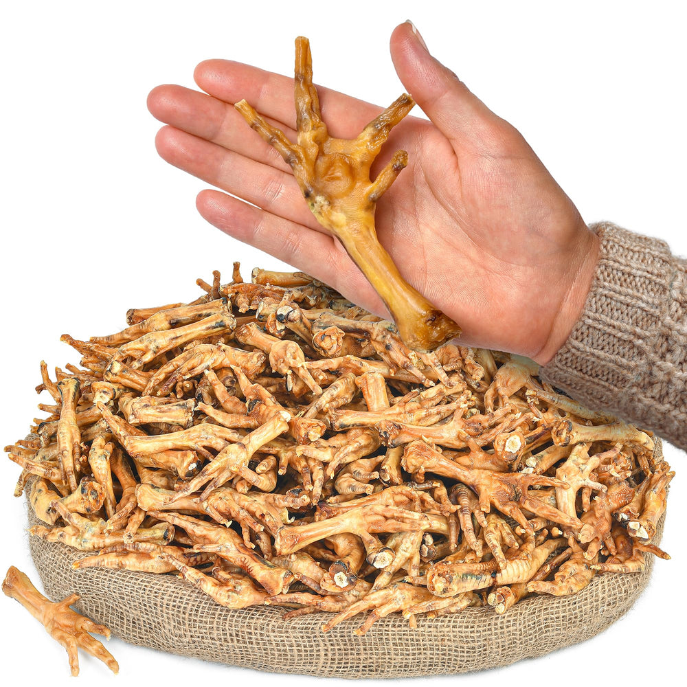 Peppy Dog all-natural chicken feet treats pack shows bulk 200 pieces for long-lasting rewards