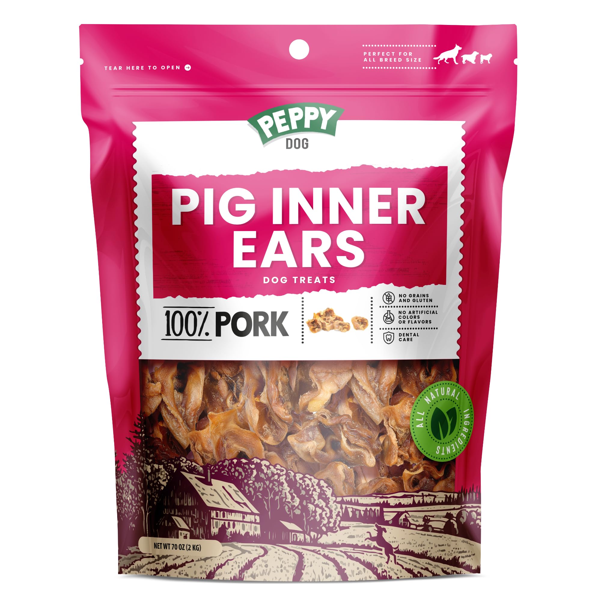 PEPPY DOG all-natural pig ear slices 70oz pack for a natural daily chew.