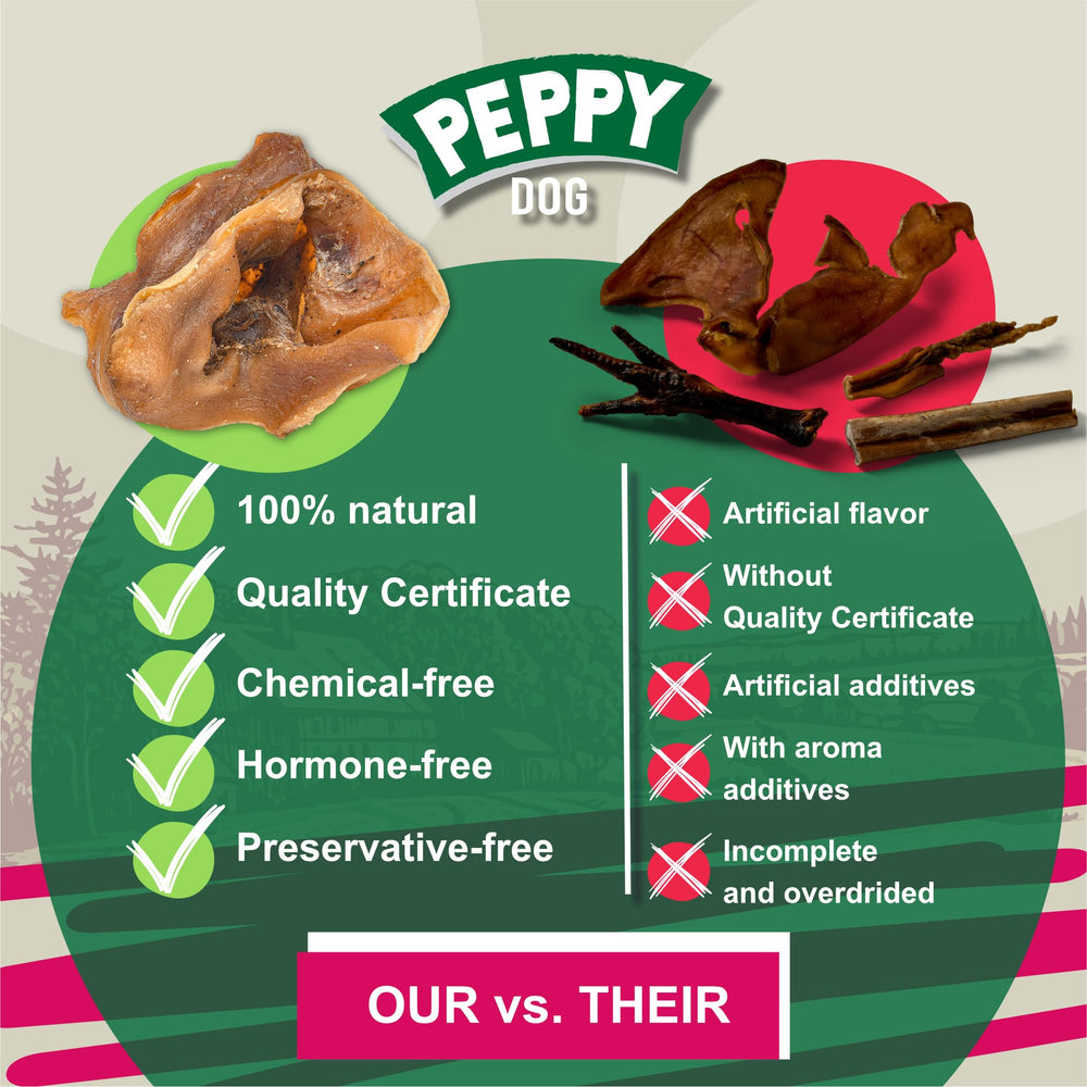 PEPPY DOG hypoallergenic pig ear treats gentle on sensitive stomachs.