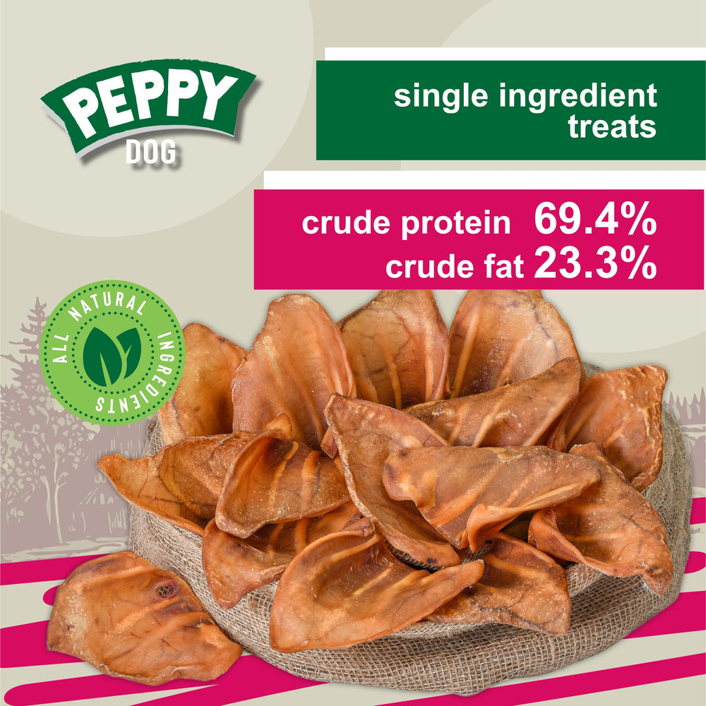 PEPPY DOG pig ears highlight dental benefits and natural protein.