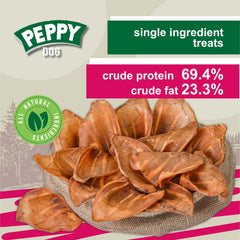 PEPPY DOG pig ears highlight dental benefits and natural protein.