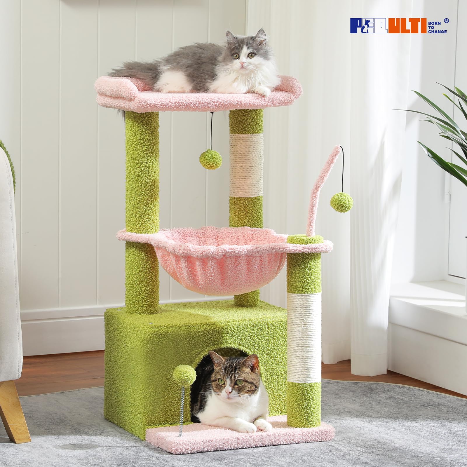 PEQULTI 4-in-1 cat tower pink design complements modern interiors while entertaining cats.