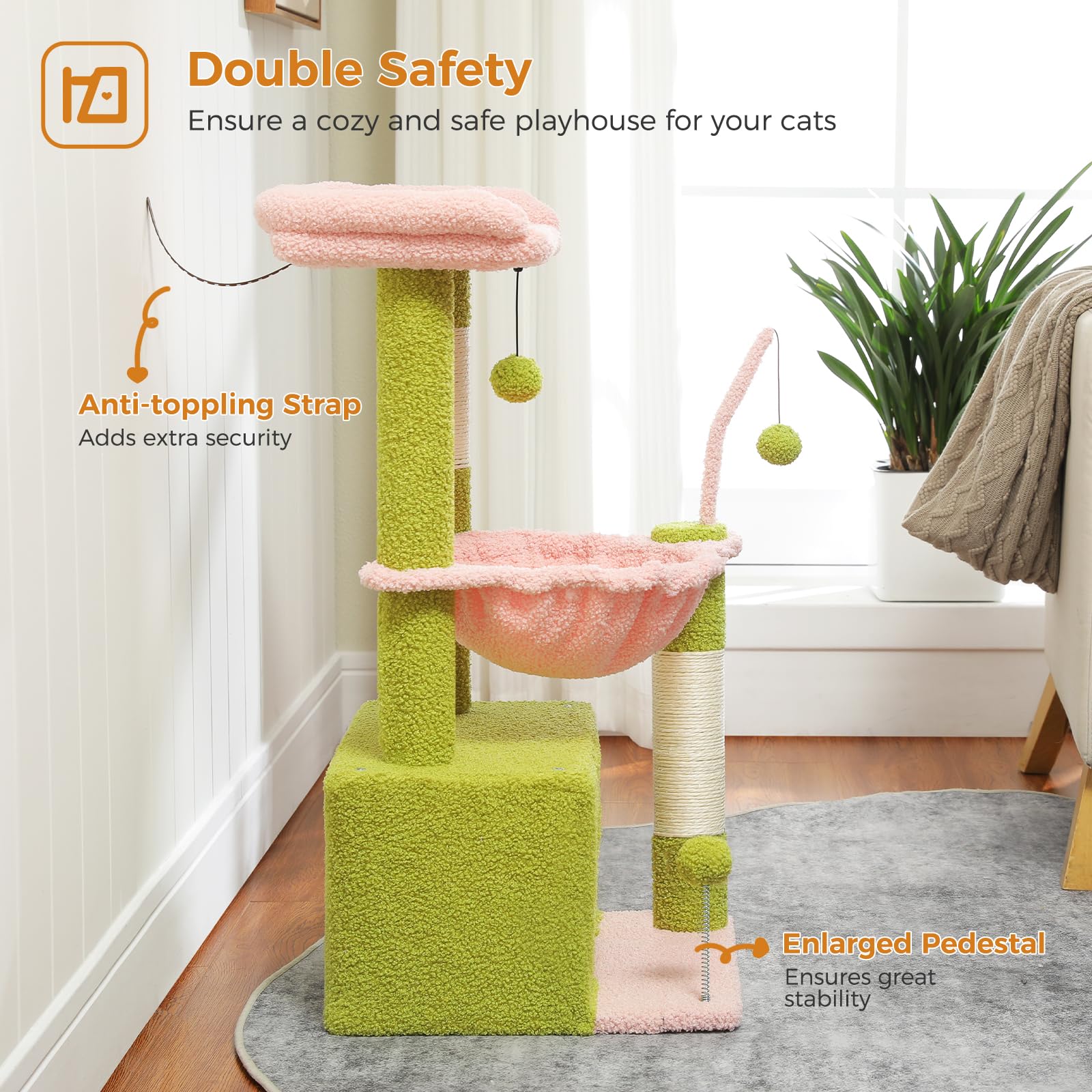 PEQULTI 4-in-1 cat tower hanging pompoms spark playful engagement for curious cats.