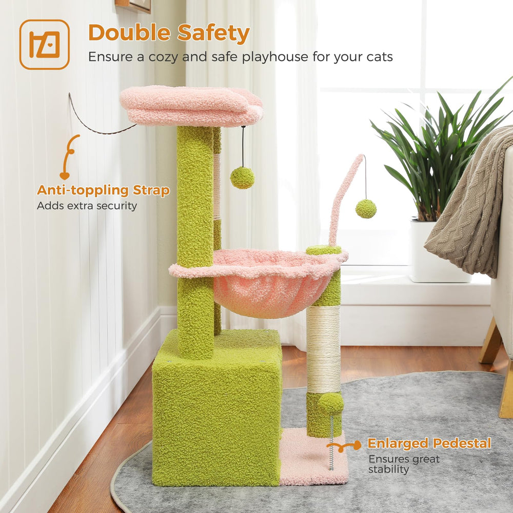 PEQULTI 4-in-1 cat tower hanging pompoms spark playful engagement for curious cats.