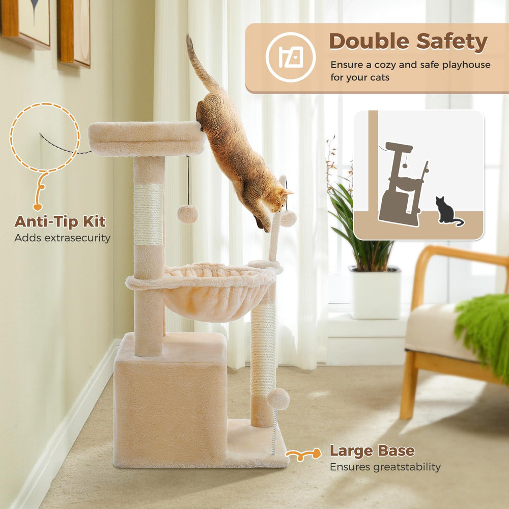 PEQULTI 4-in-1 cat tree anti-topple feature enhances stability and safety.