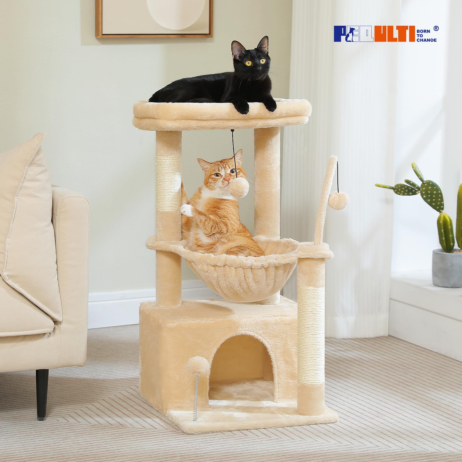 PEQULTI 4-in-1 cat tree cozy hammock provides comfy nap space for cats.