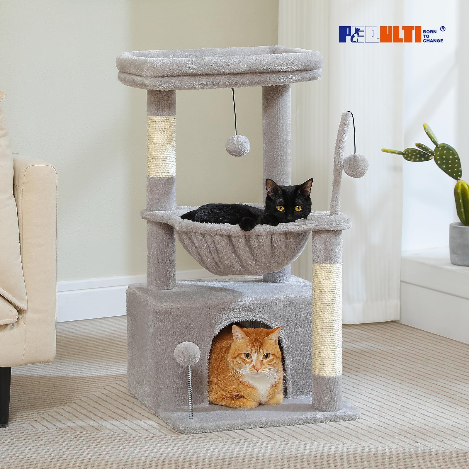 PEQULTI 4-in-1 cat tree large cat condo accommodates bigger cats for cozy naps.