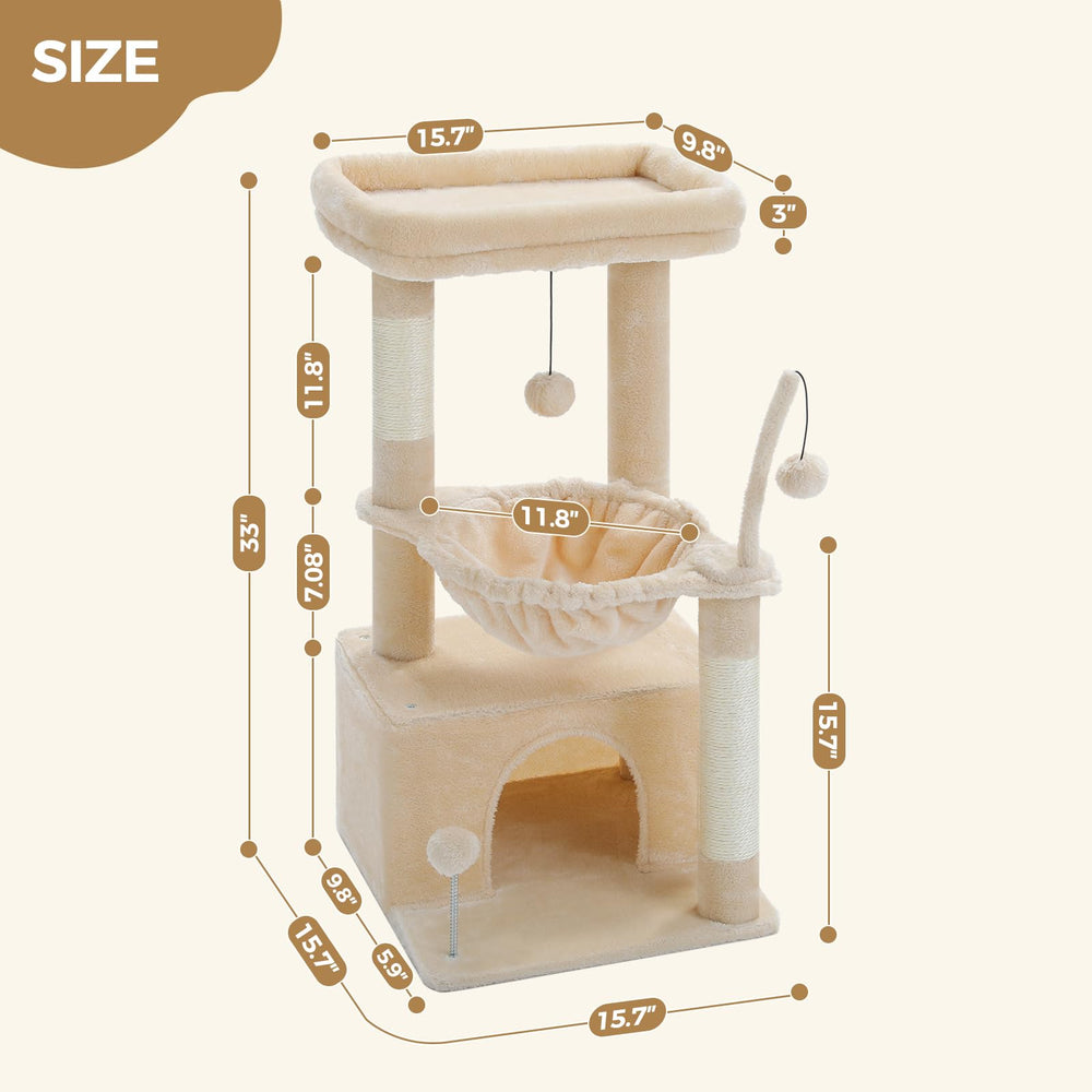 PEQULTI 4-in-1 cat tree pom-poms offer added toys for curiosity.