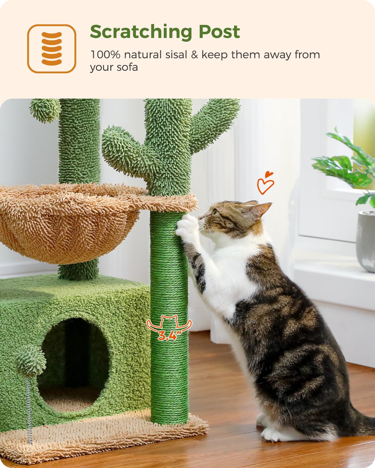 PEQULTI cactus cat tree deep hammock creates lounging retreat inside your living room.