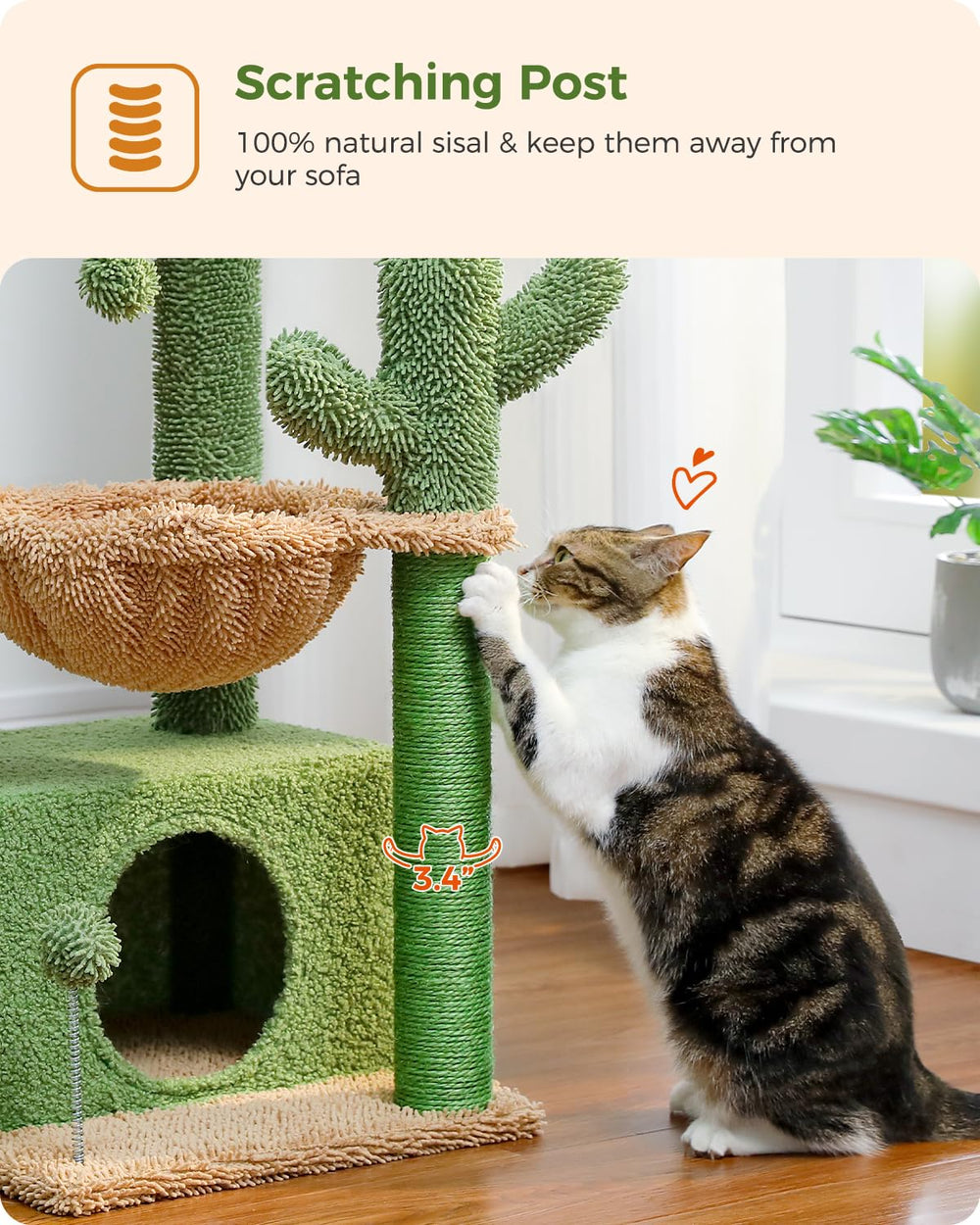 PEQULTI cactus cat tree deep hammock creates lounging retreat inside your living room.