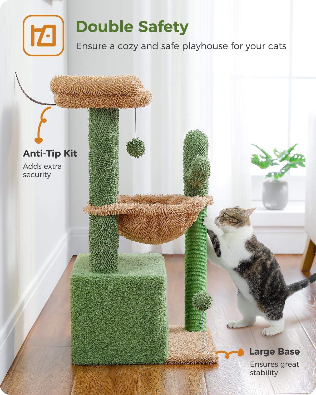 PEQULTI cactus cat tree play pom-poms invite interactive play and exercise.