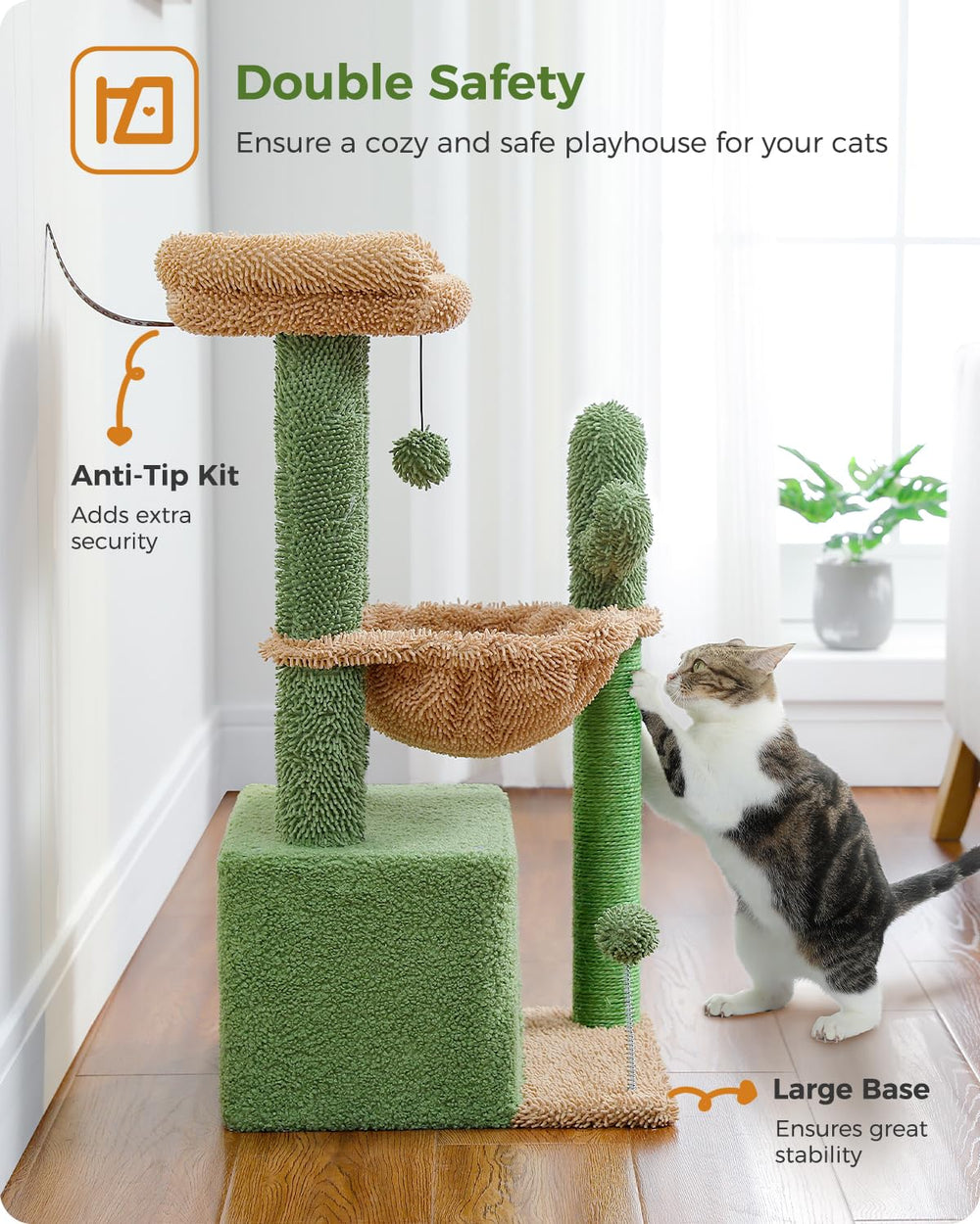 PEQULTI cactus cat tree play pom-poms invite interactive play and exercise.
