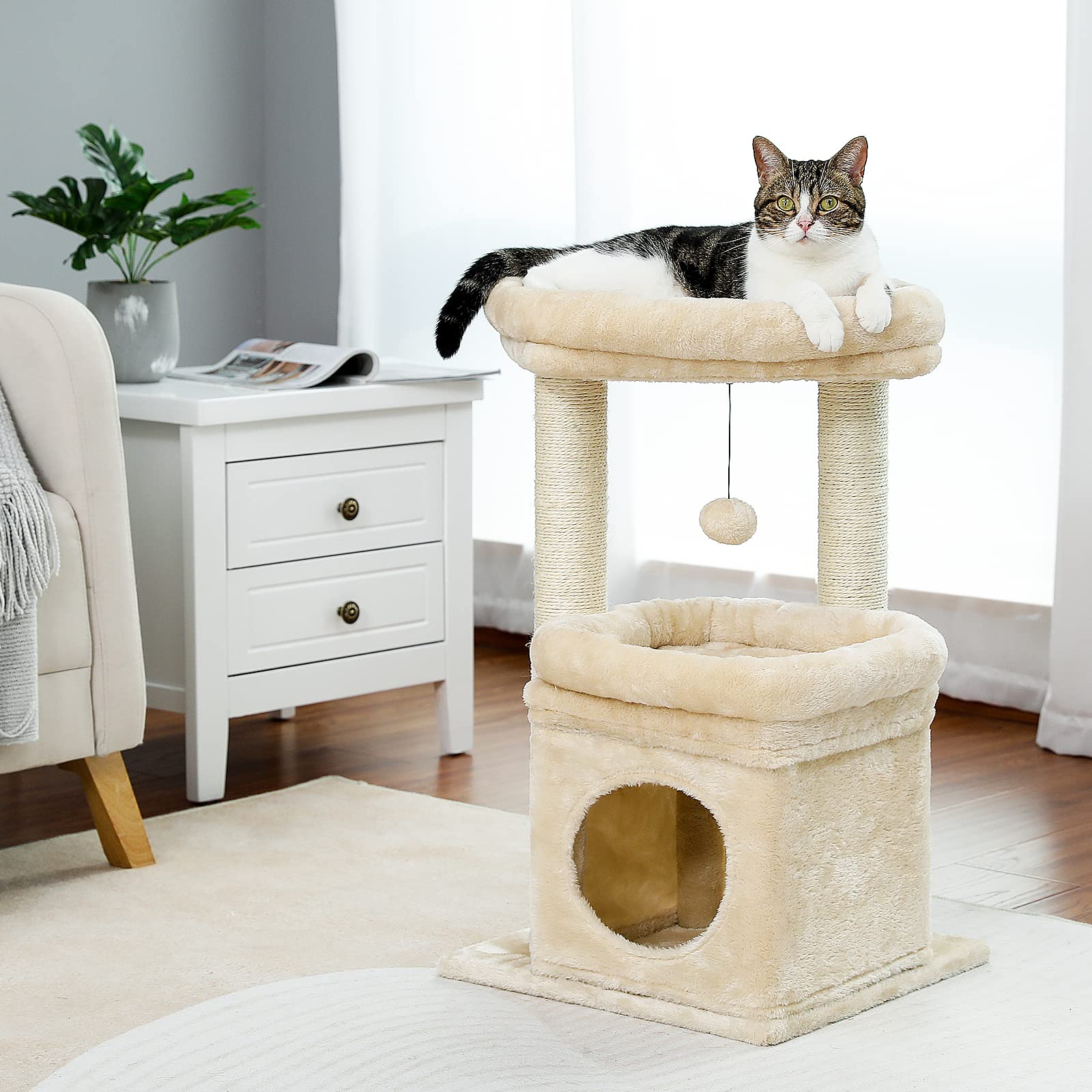 pequlti cat tree beige blends with home decor.