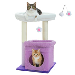 PEQULTI Cat Tree Flower Purple Condo close-up shows plush comfort for naps