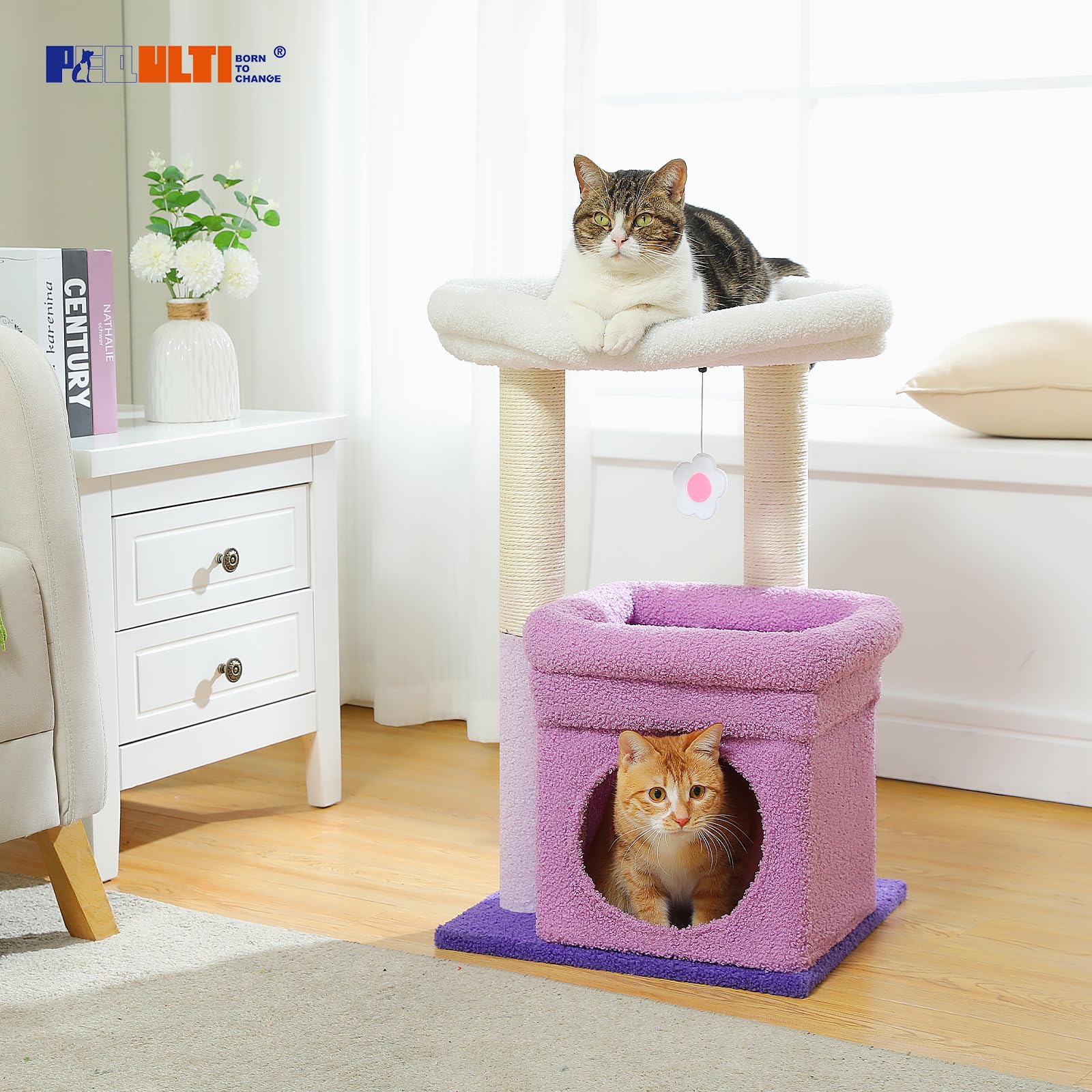 PEQULTI Cat Tree Flower Purple Plush fabric close-up highlights soft texture