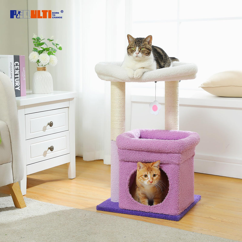 PEQULTI Cat Tree Flower Purple Plush fabric close-up highlights soft texture