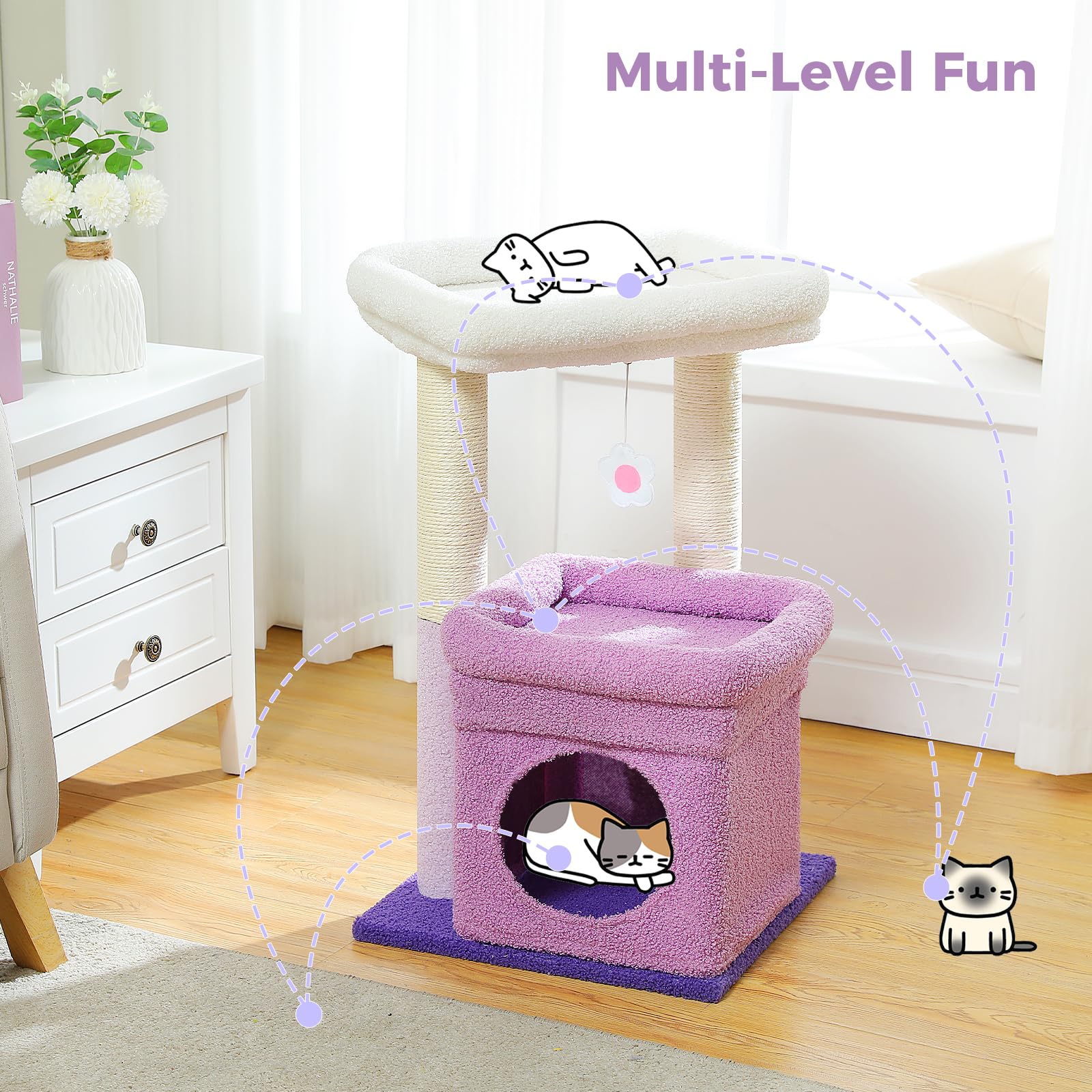 PEQULTI Cat Tree Flower Purple Reinforced base ensures safe jumps and stability