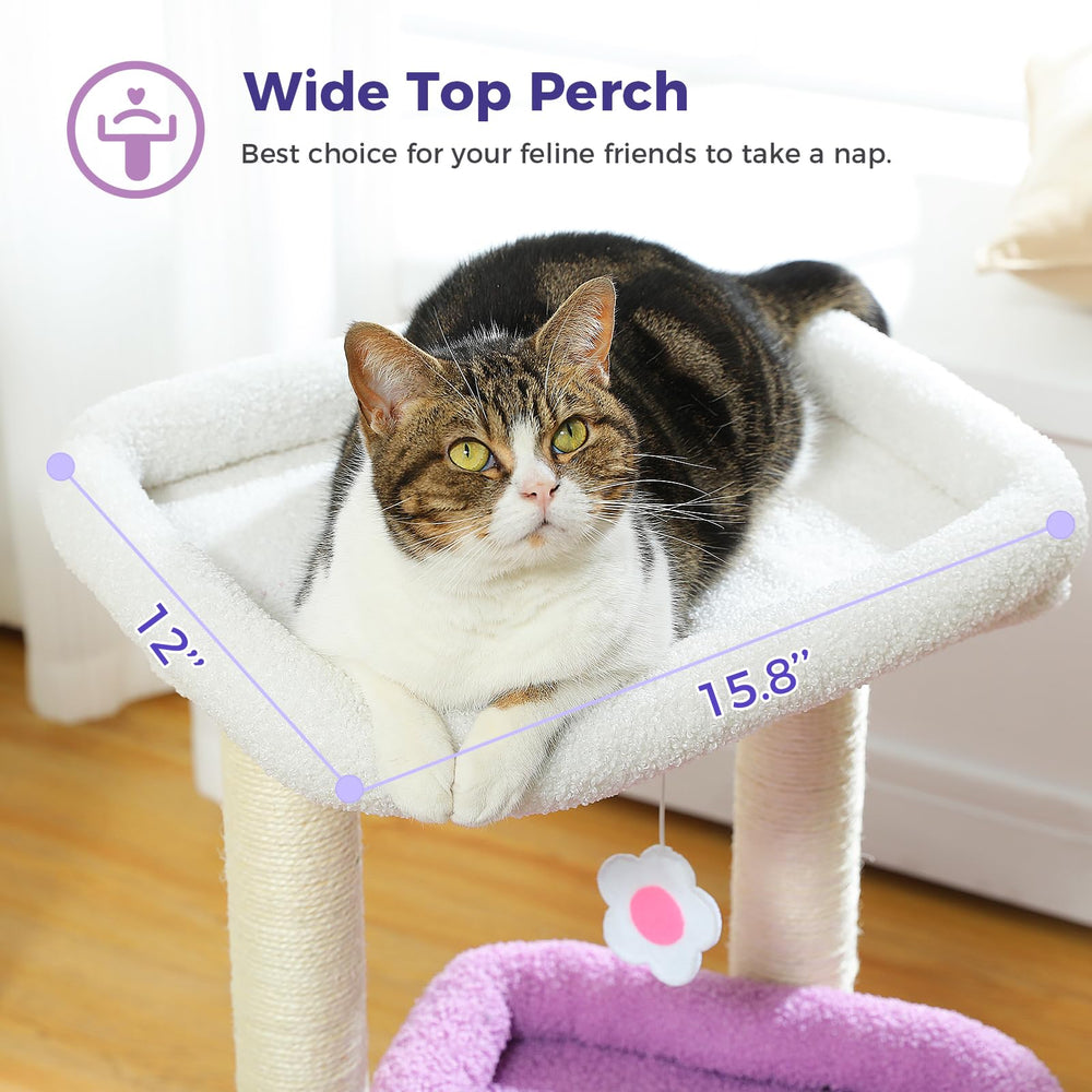 PEQULTI Cat Tree Flower Purple Top Perch large and cozy for two kittens