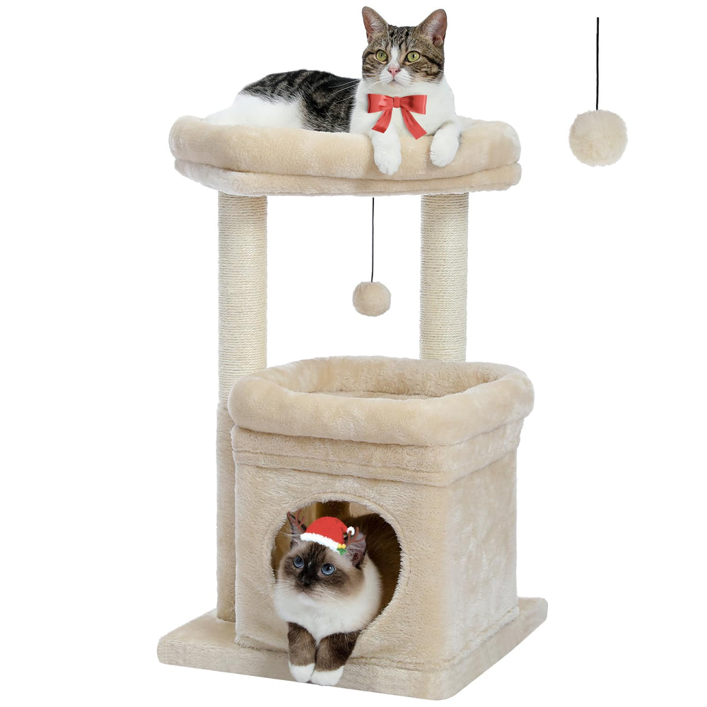 pequlti cat tree private condo in beige offers cozy indoor hideaway.