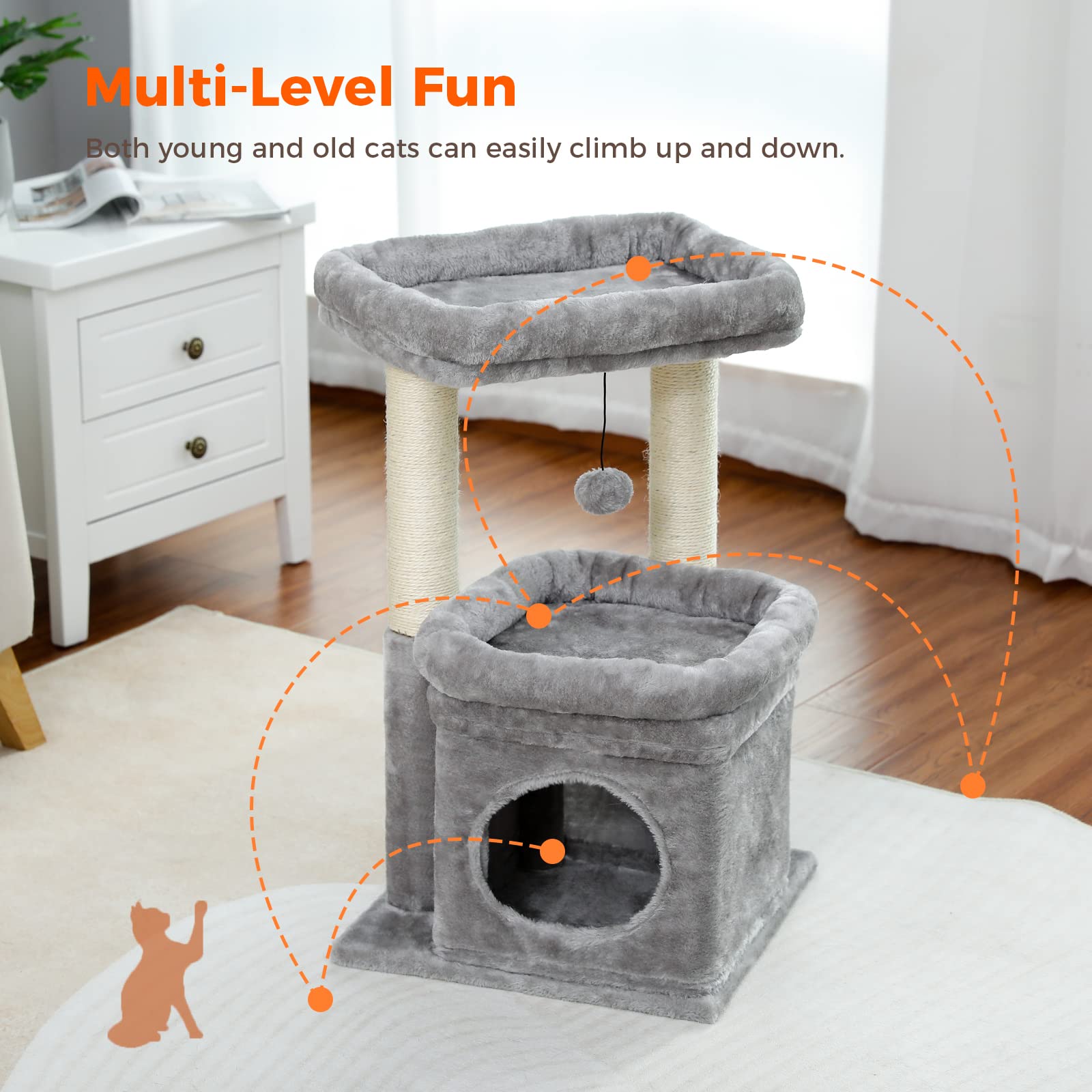 PEQULTI cat tree reinforced base ensures stable climbing and safe jumps.