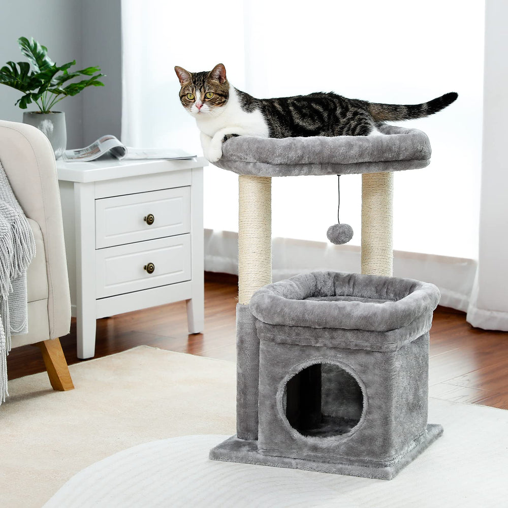 PEQULTI cat tree room-ready design blends with home decor and pet furniture.