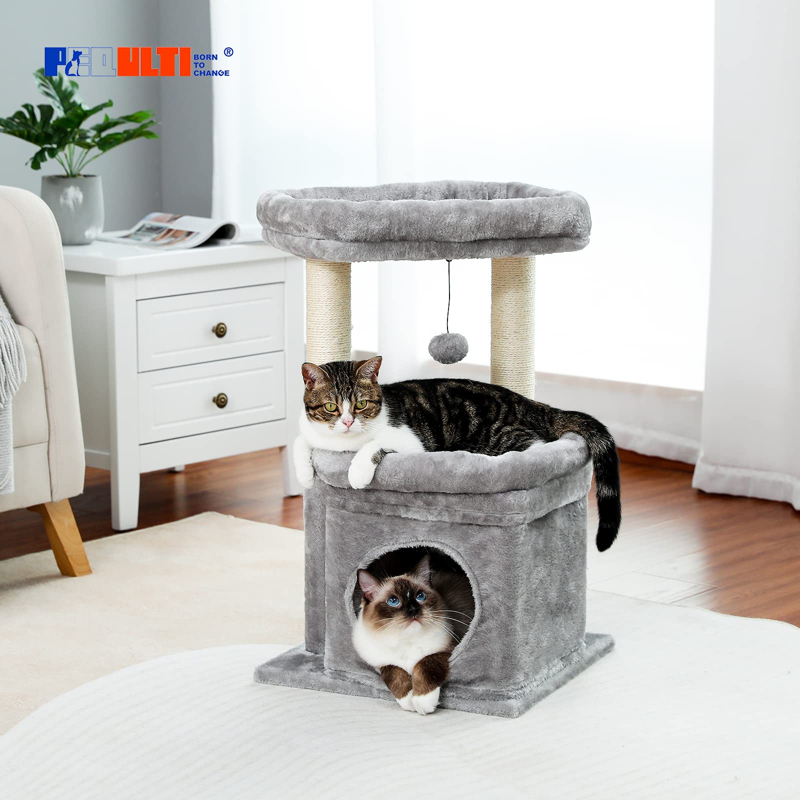 PEQULTI cat tree soft plush fabric enhances cozy lounging after meals.