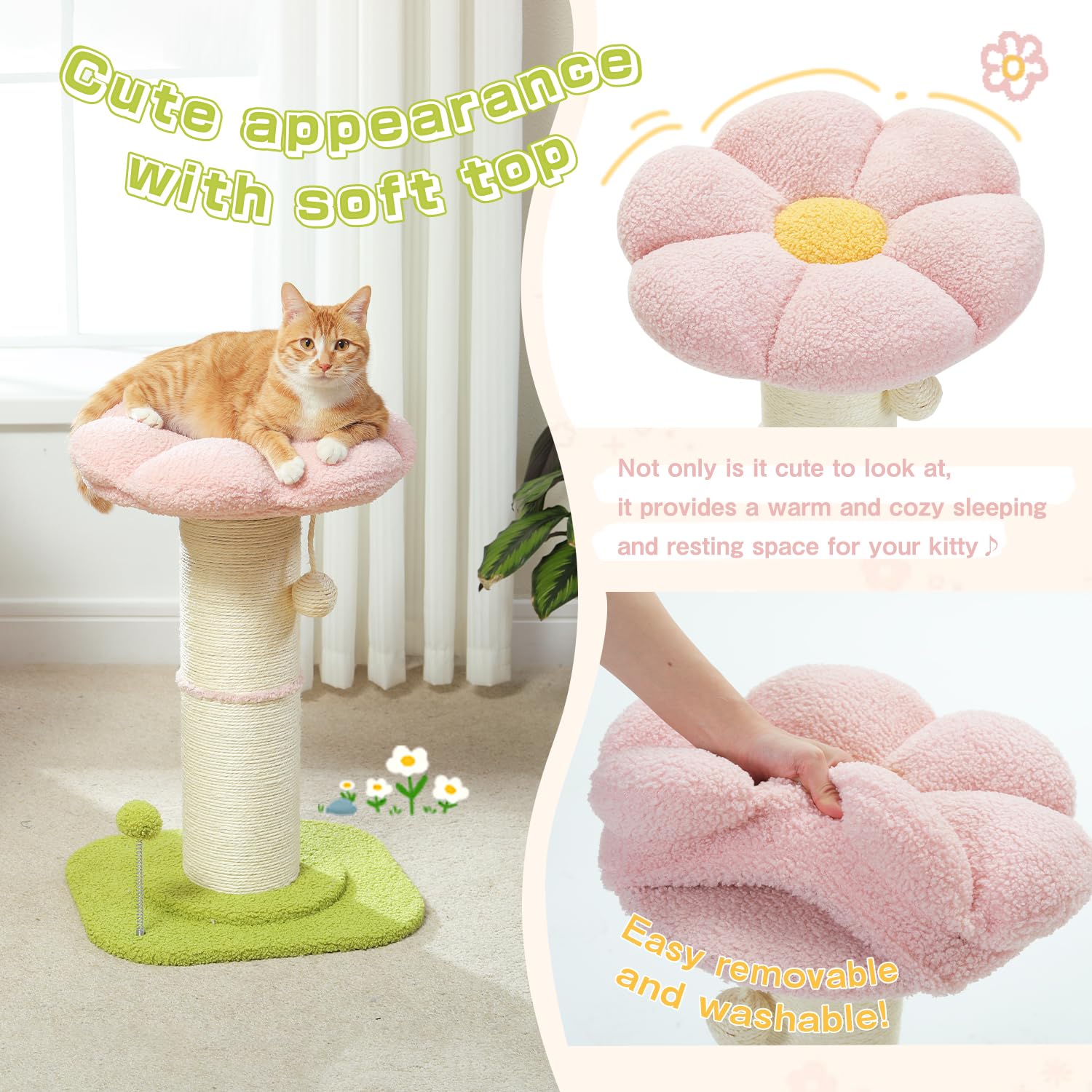 PEQULTI flower cat scratching post 5.5-inch diameter sisal post supports vigorous scratching.