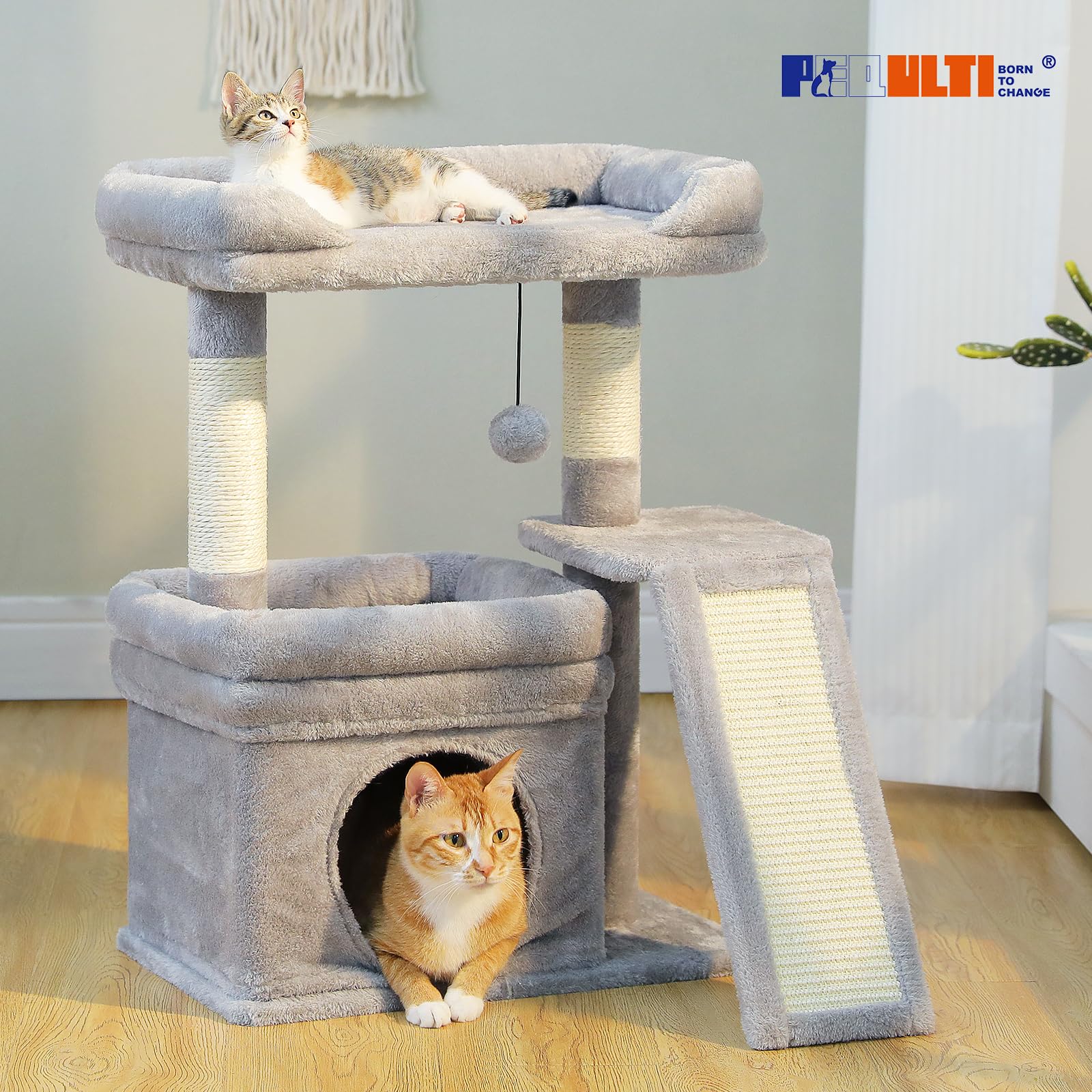 PEQULTI gray cat tree shown in room, blending with modern decor and activity.