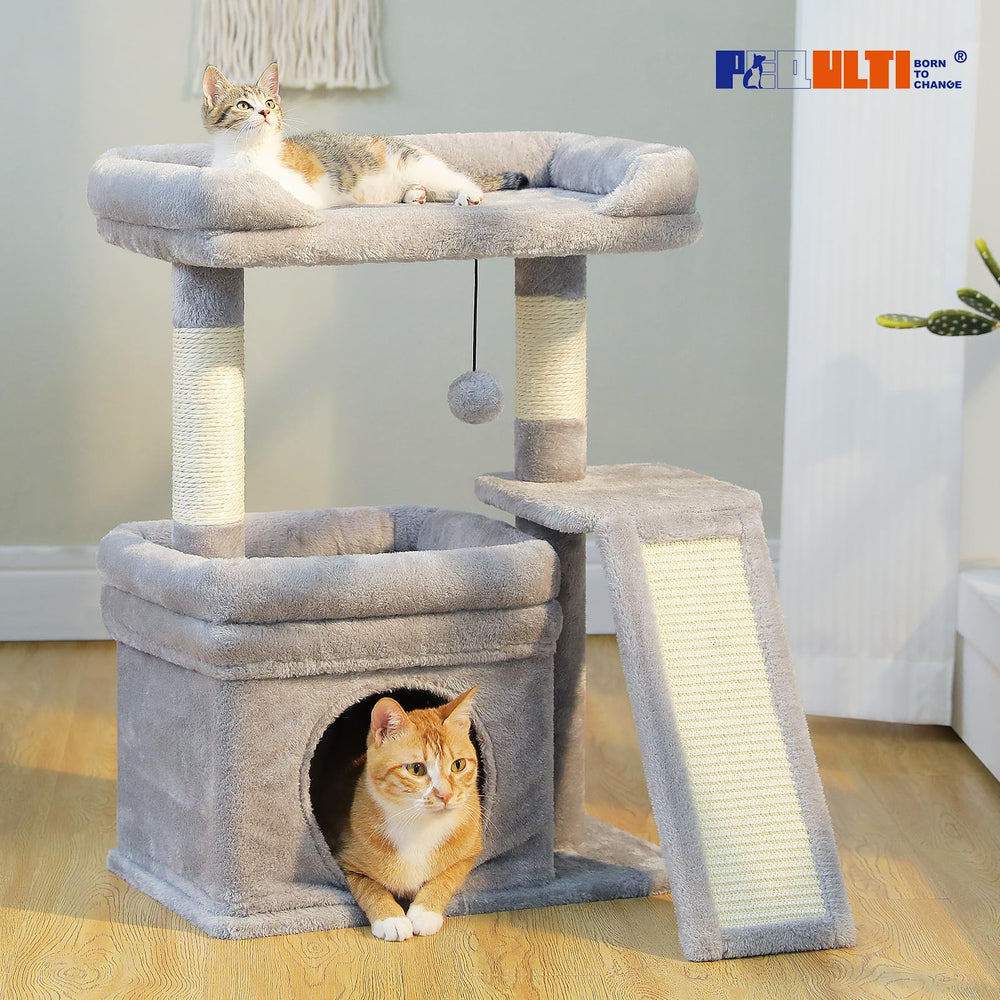 PEQULTI gray cat tree shown in room, blending with modern decor and activity.