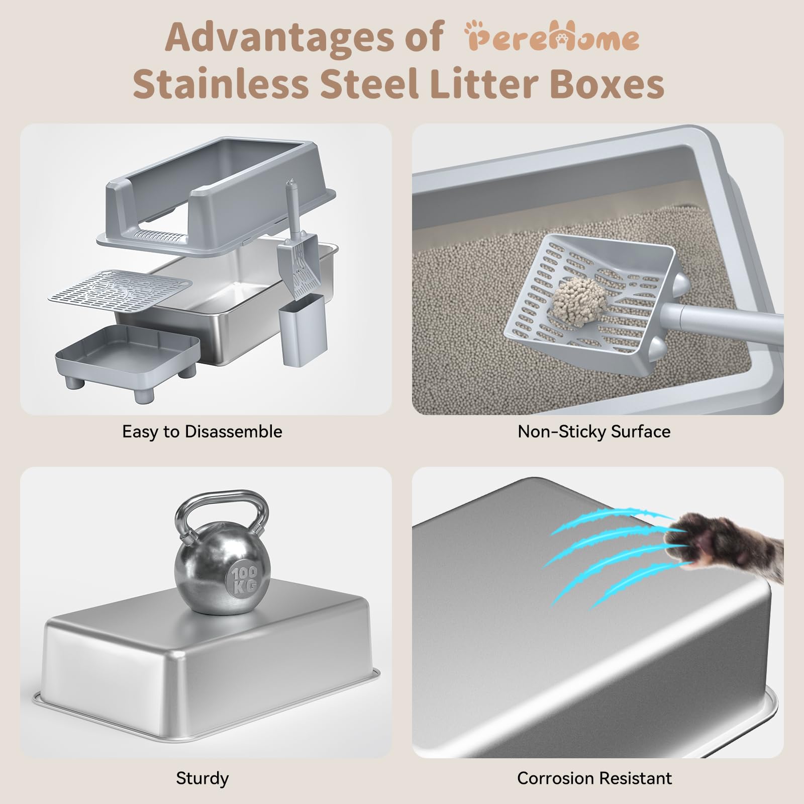 PereHome high-sided litter box reduces scatter and ensures privacy.