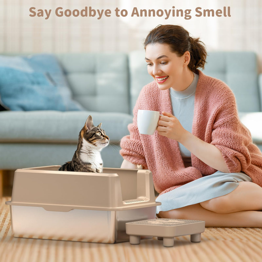 Perehome khaki-colored stainless litter box complements home decor.