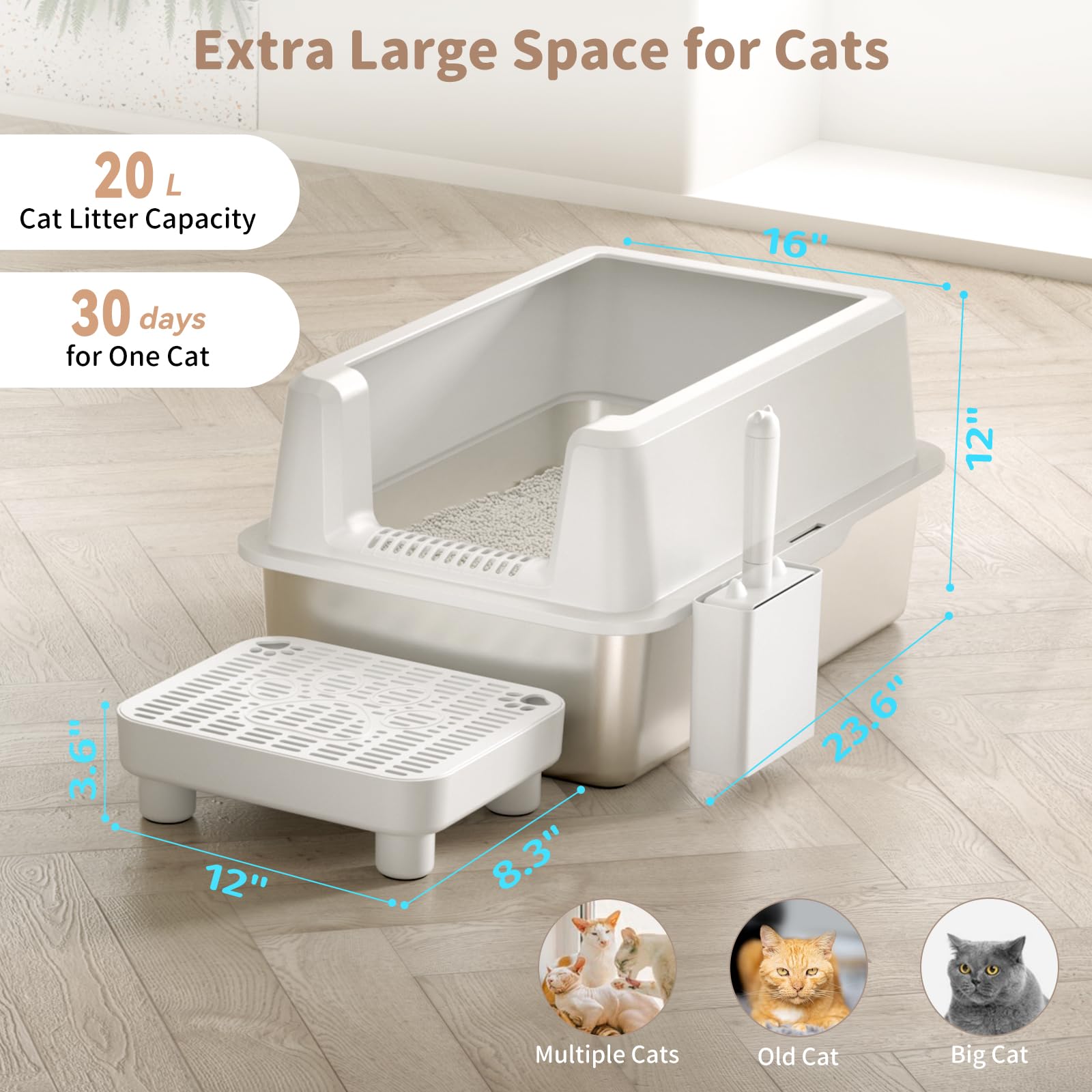 PereHome removable high-pedal design minimizes tracking and aids entry for elderly cats.