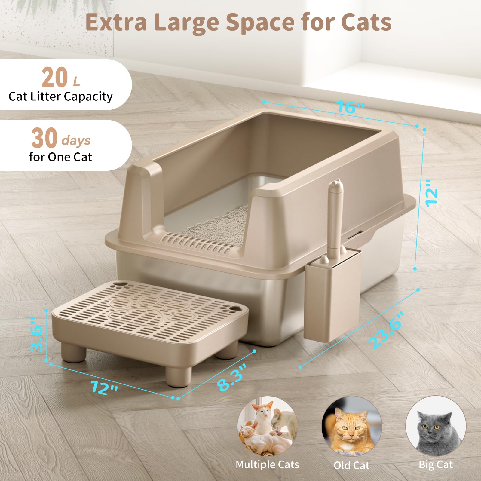 Perehome raised pedal helps keep litter inside and aids entry for seniors.