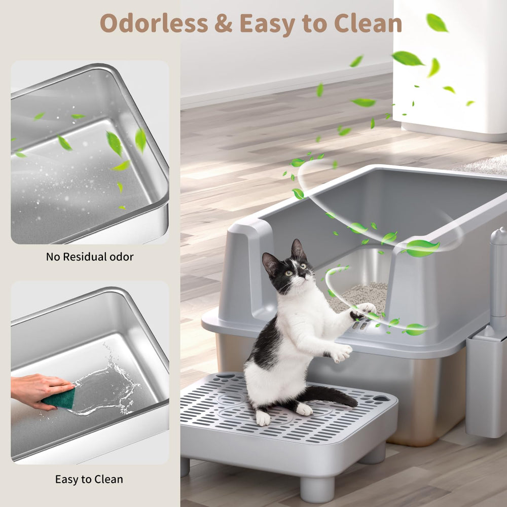 PereHome-xl-stainless-steel-cat-litter-box-top-view shows generous space for big cats and multiple pets.