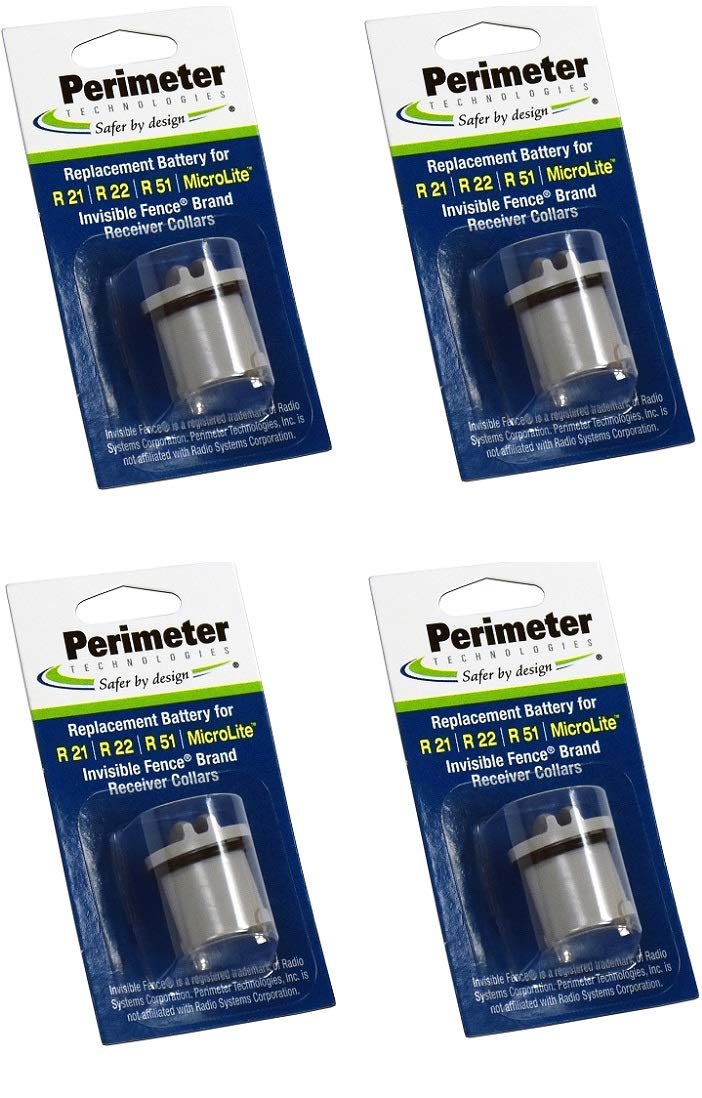 Perimeter Technologies four-pack batteries in packaging offering affordable replacement for Invisible Fence collars.
