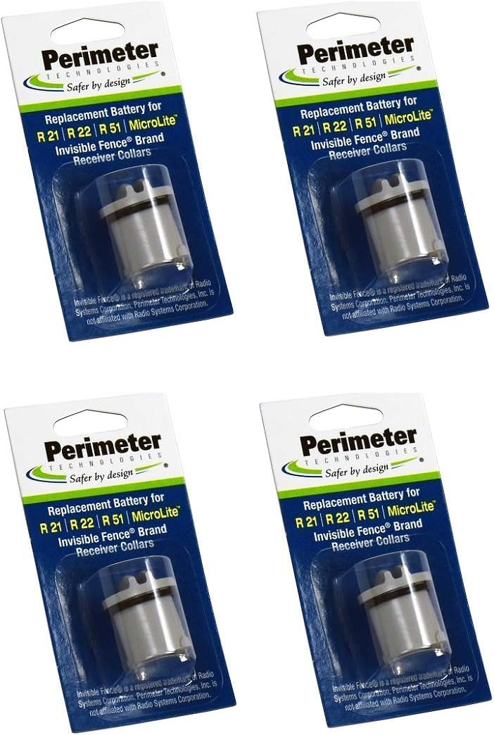 Perimeter Technologies four-pack dog fence batteries shown in open pack for R21/R22/R51 compatibility