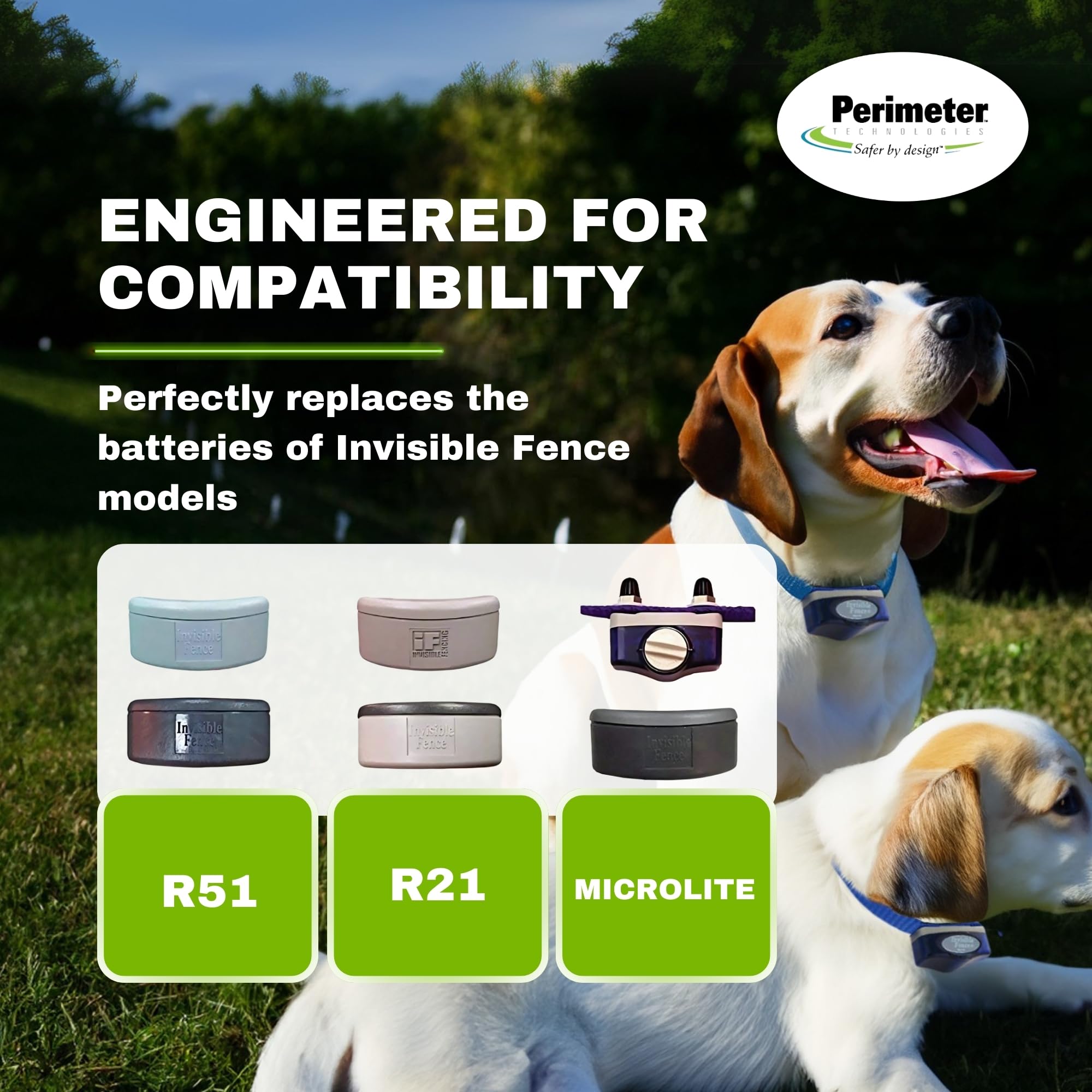 Perimeter Technologies battery compatibility with R21, R22, R51, and Microlite collars for seamless replacements.