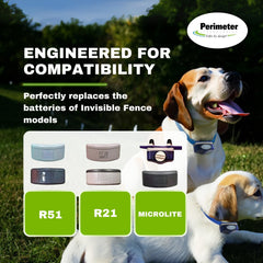 Perimeter Technologies battery compatibility with R21, R22, R51, and Microlite collars for seamless replacements.