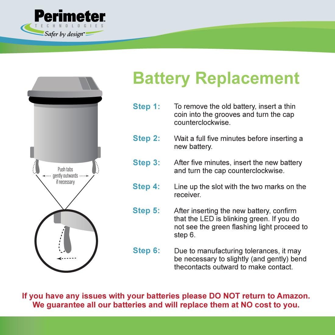 Perimeter Technologies lithium-ion high-density battery offers strong energy density with lightweight collar design.