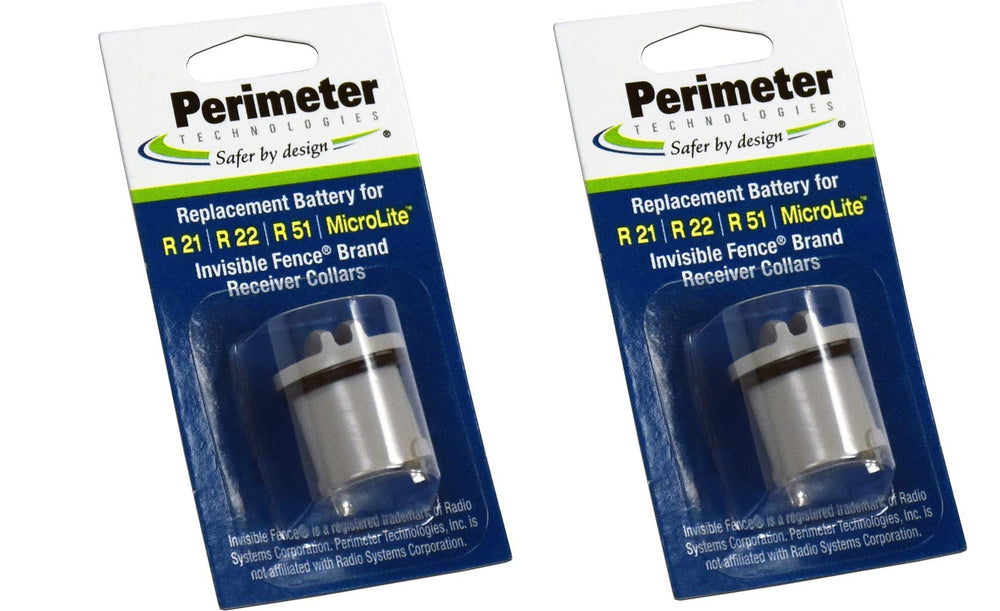 Perimeter Technologies two-pack dog fence batteries packaged for cost-effective replacement.