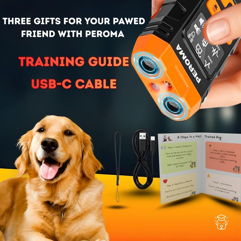 PEROMA dog bark deterrent device 60ft range illustration demonstrates extended reach for outdoor spaces