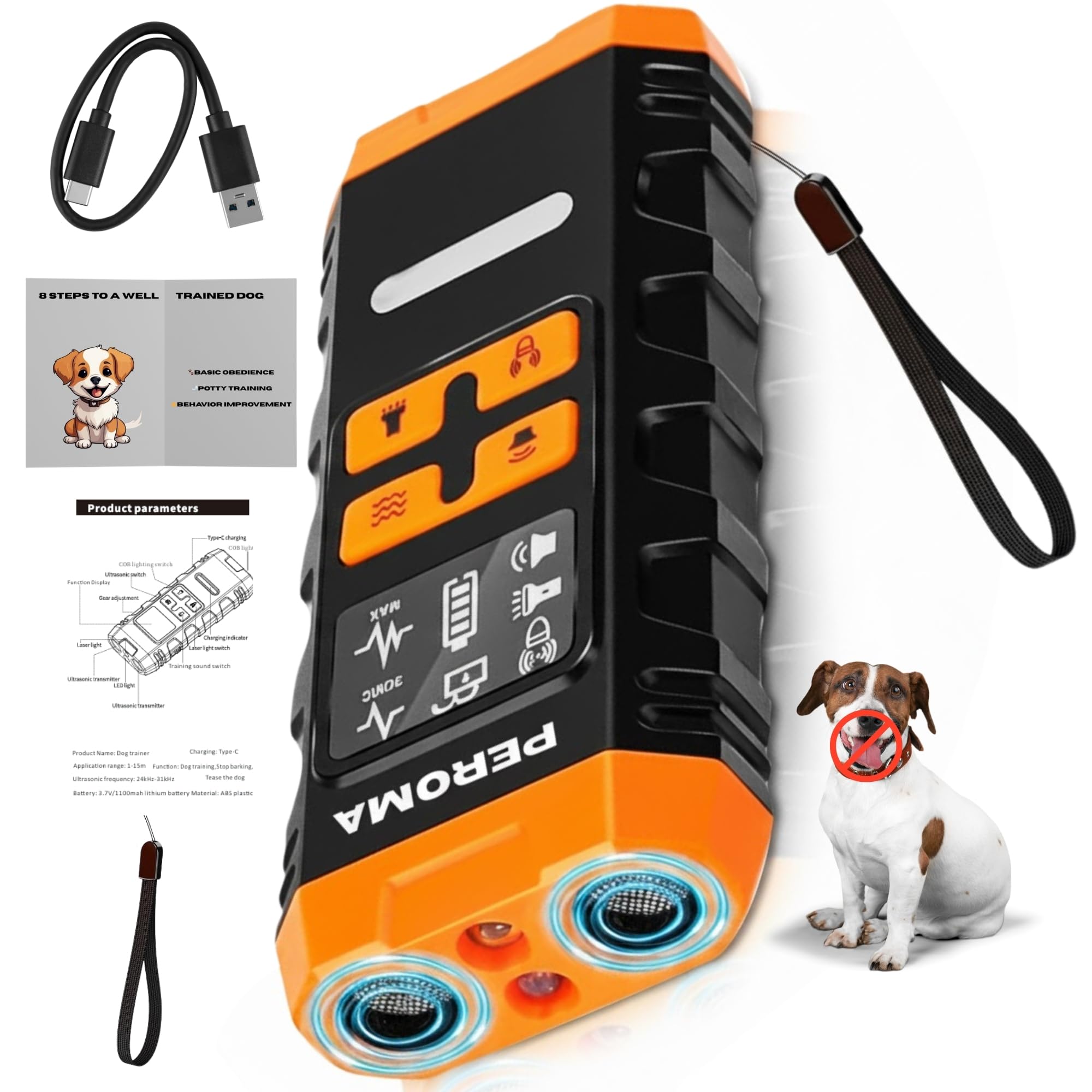 PEROMA dog bark deterrent device front view shows humane training for calmer pets