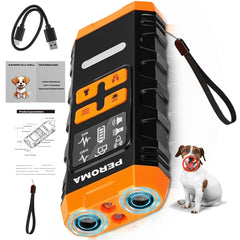 PEROMA dog bark deterrent device front view shows humane training for calmer pets